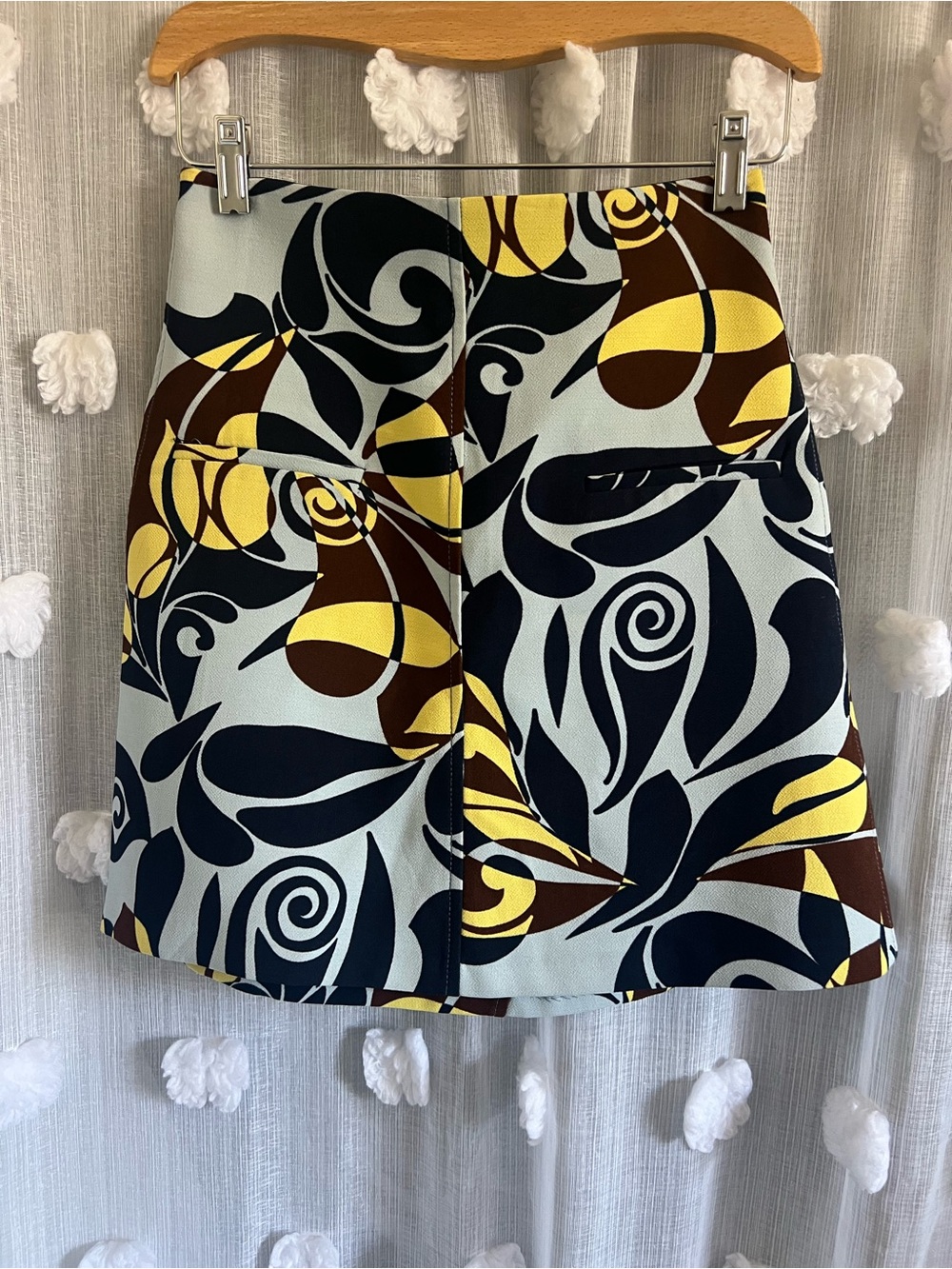 Zara Printed A-Line Mini Skirt in Yellow, Brown & Navy